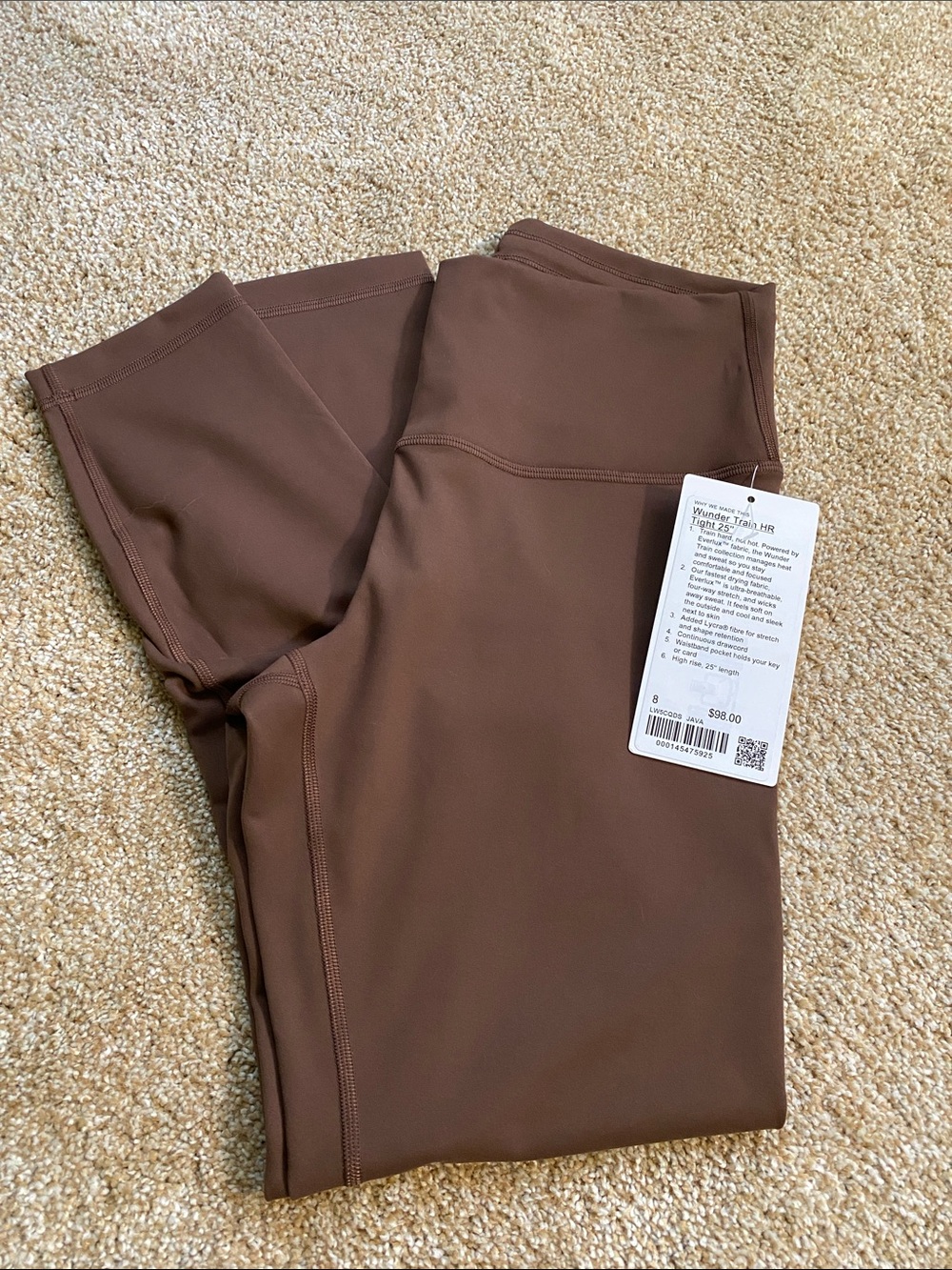 NWT Lululemon Wunder Train HR Tight 25” - Java